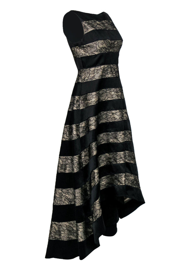 Current Boutique-Adrianna Papell - Black & Floral Lace Striped Sleeveless High-Low Gown Sz 6