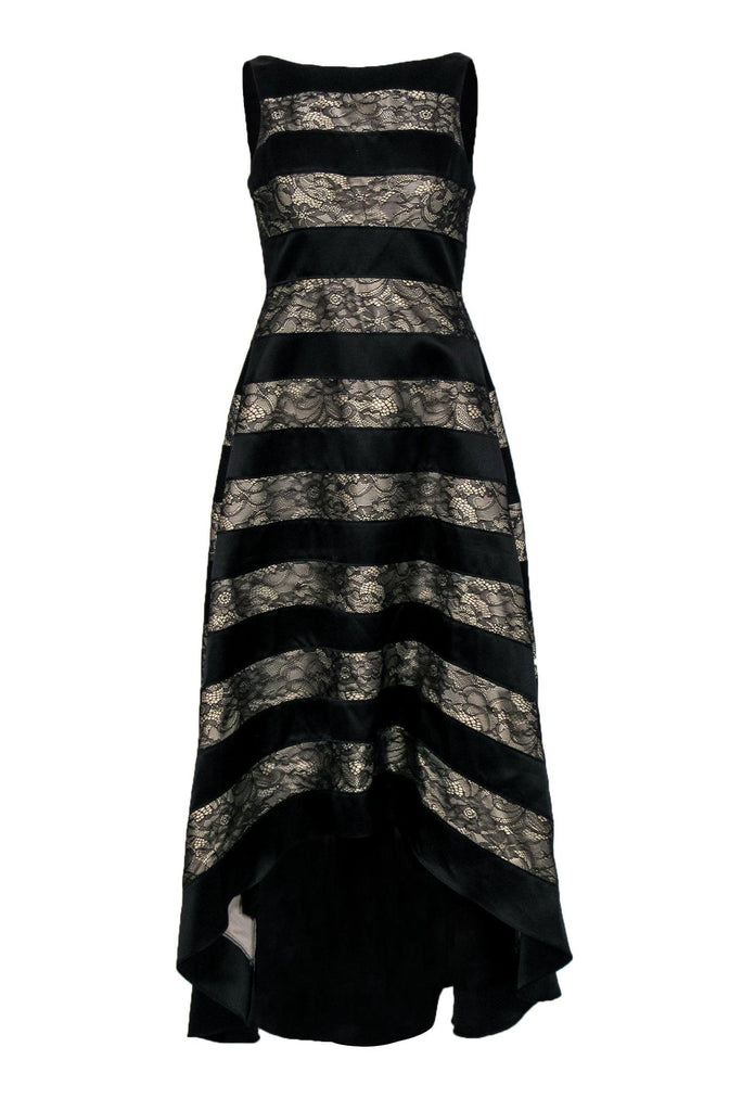 Adrianna Papell Black Floral Lace Striped Sleeveless High Low