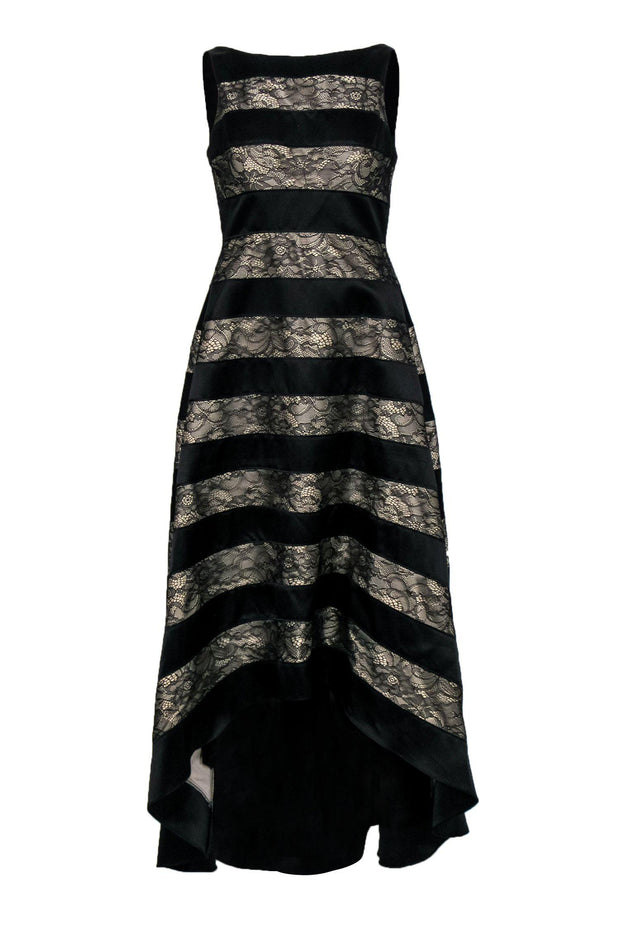 Current Boutique-Adrianna Papell - Black & Floral Lace Striped Sleeveless High-Low Gown Sz 6