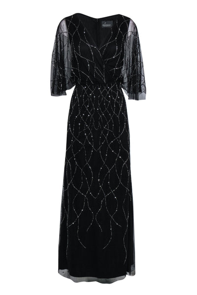 Current Boutique-Adrianna Papell - Black Flutter Sleeve Mesh Overlay Gown w/ Beading & Sequins Sz 8