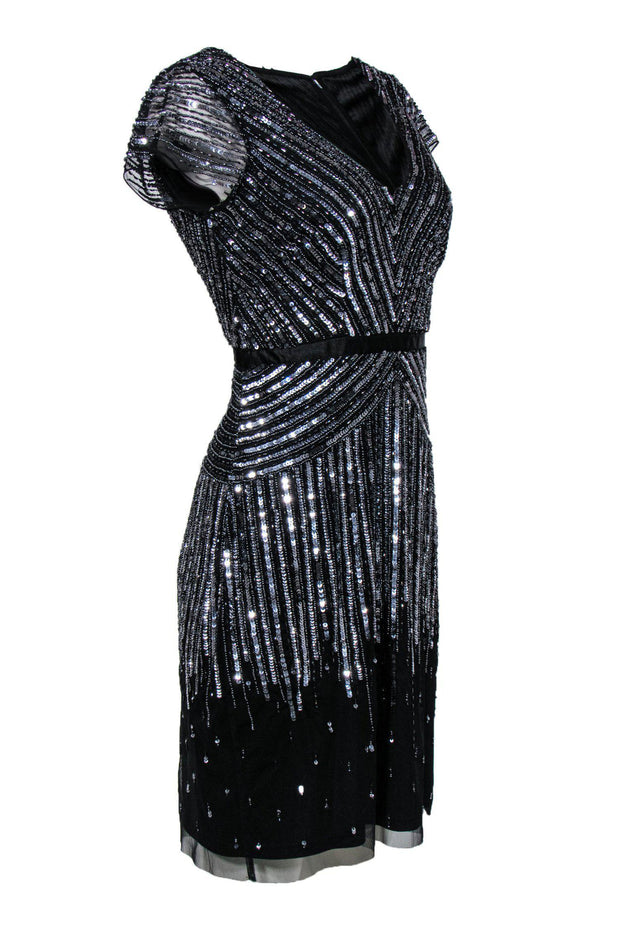 Current Boutique-Adrianna Papell - Black Sequin Ombre Cap Sleeve Sheath Dress Sz 8
