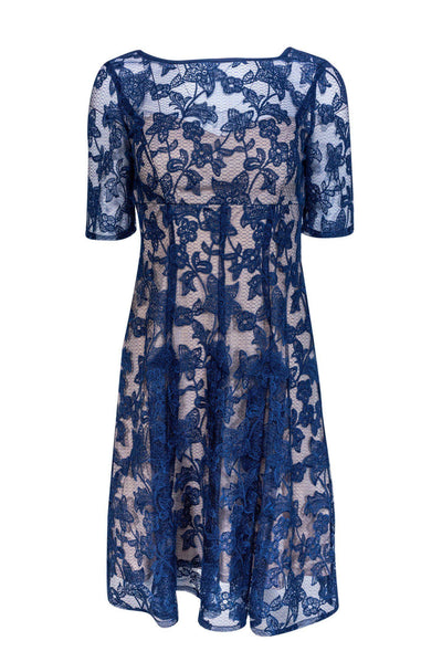 Current Boutique-Adrianna Papell - Blue Floral Lace Overlay Dress Sz 4