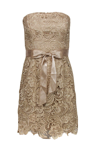 Current Boutique-Adrianna Papell - Golden Champagne Strapless Lace Cocktail Dress Sz 4