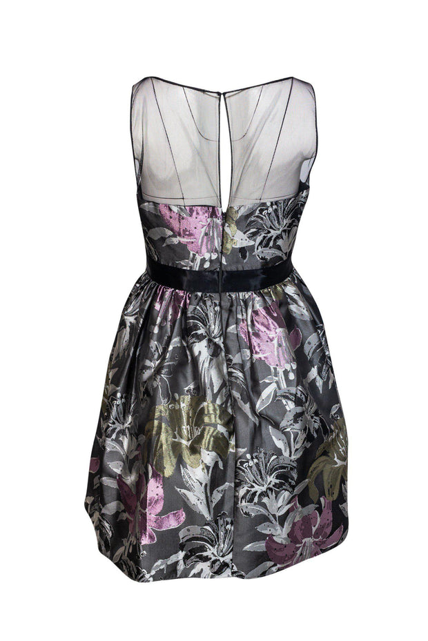 Current Boutique-Adrianna Papell - Gray & Purple Floral Dress w/ Illusion Neckline Sz 4
