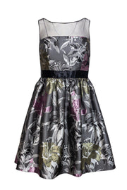 Current Boutique-Adrianna Papell - Gray & Purple Floral Dress w/ Illusion Neckline Sz 4