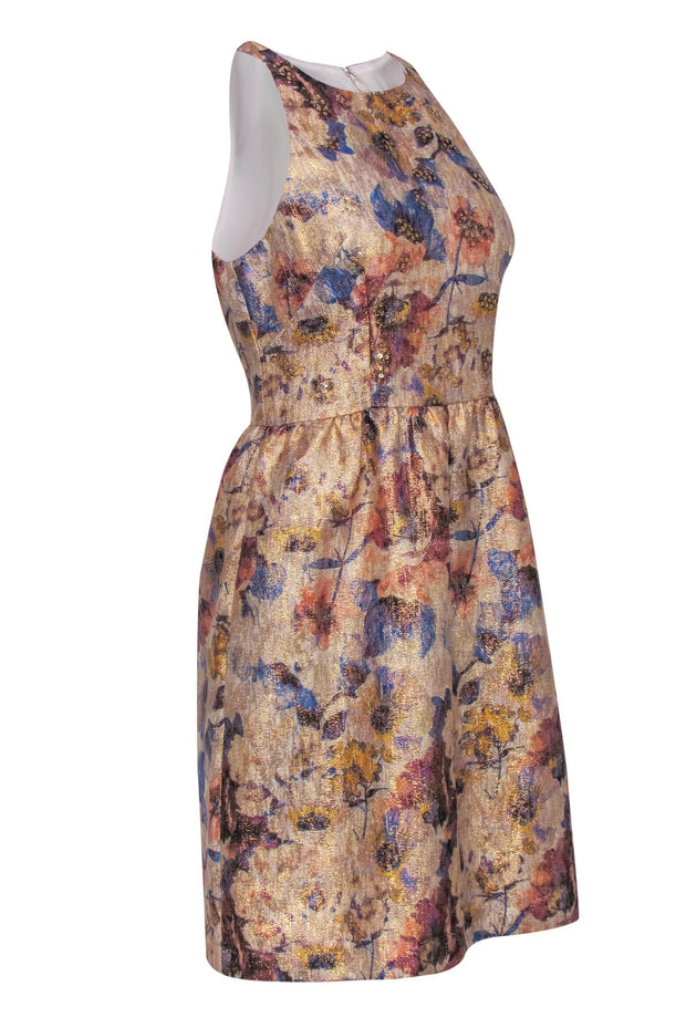 Current Boutique-Adrianna Papell - Metallic Multicolor Floral A-Line Dress w/ Beading Sz 6