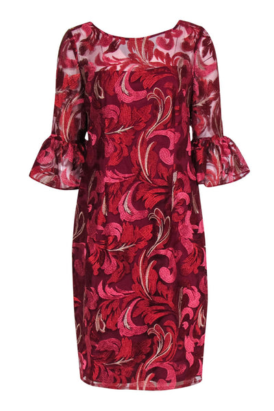 Current Boutique-Adrianna Papell - Red Embroidered Floral Patter Dress w/ Flounce Sleeves Sz 12