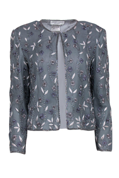 Current Boutique-Adrianna Papell - Slate Blue Floral Beaded Clasped Silk Jacket Sz 8P