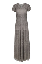 Current Boutique-Adrianna Papell - Taupe Short Sleeve Tulle Gown w/ Sequins & Pearls Sz 10P
