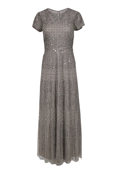Current Boutique-Adrianna Papell - Taupe Short Sleeve Tulle Gown w/ Sequins & Pearls Sz 10P