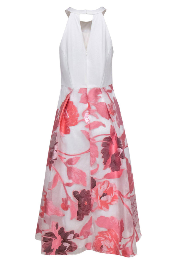 Current Boutique-Adrianna Papell - White High-Low Dress w/ Pink Floral Print Organza Skirt Sz 10