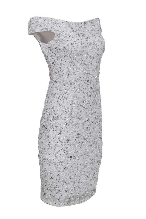 Current Boutique-Adrianna Papell - White Sequin Off-the-Shoulder Bodycon Dress Sz 4