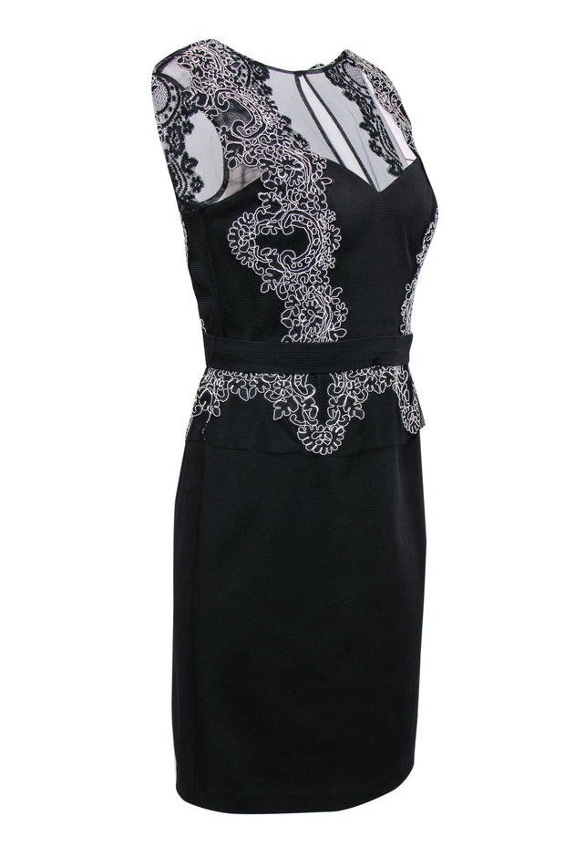 Current Boutique-Aidan Mattox - Black Textured Sheath Dress w/ Mesh & White Lace Sz 12