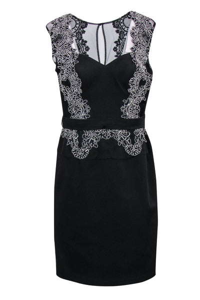 Current Boutique-Aidan Mattox - Black Textured Sheath Dress w/ Mesh & White Lace Sz 12