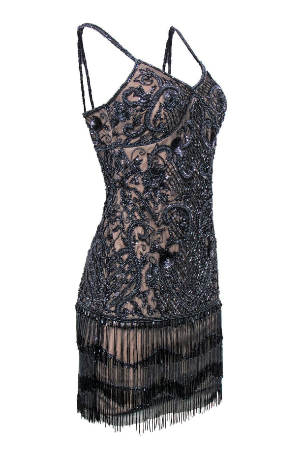 Current Boutique-Aidan Mattox - Gunmetal Beaded & Sequin Bodycon Dress w/ Nude Lining Sz 0