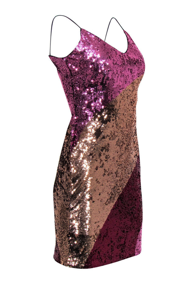 Current Boutique-Aidan Mattox - Pink & Gold Sequin Colorblocked Sleeveless Slip Dress Sz 2