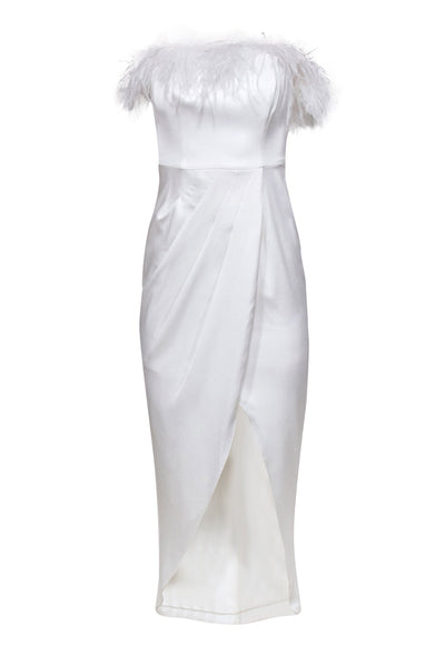 Current Boutique-Aidan Mattox - White Strapless Pleated Waist Marabou Feather Gown Sz 0