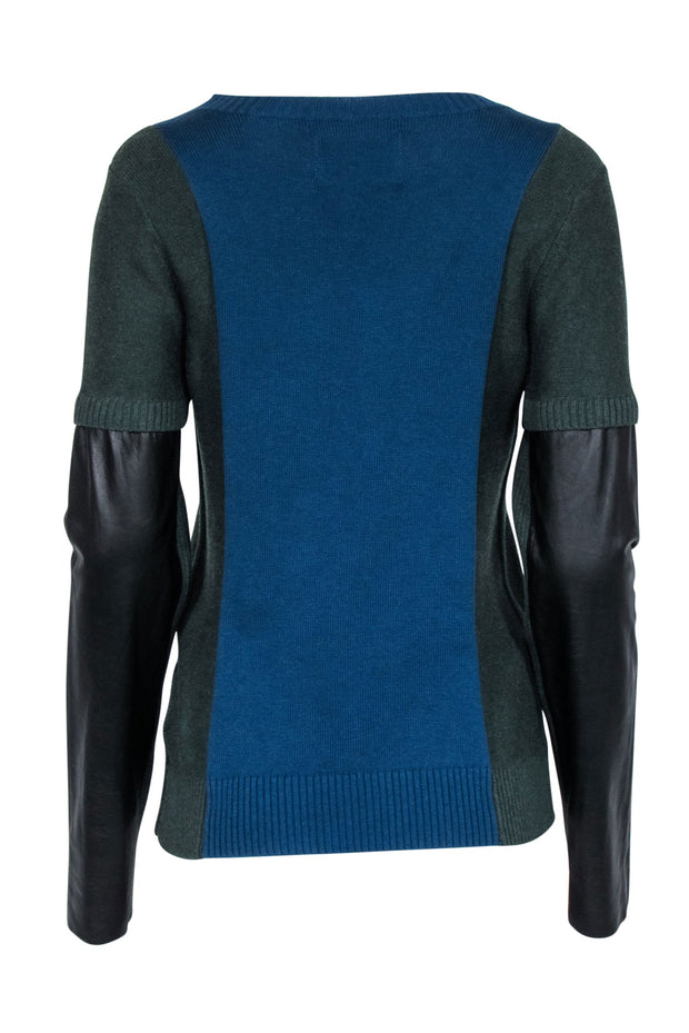 Current Boutique-Aiko - Blue & Green Sweater w/ Leather Sleeve Detail Sz L