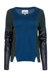 Current Boutique-Aiko - Blue & Green Sweater w/ Leather Sleeve Detail Sz L