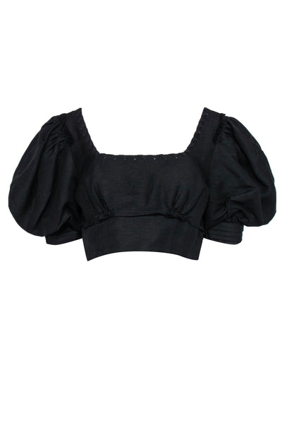 Current Boutique-Aje - Black Puff Sleeve Cropped Blouse w/ Braided & Distressed Trim Sz 12