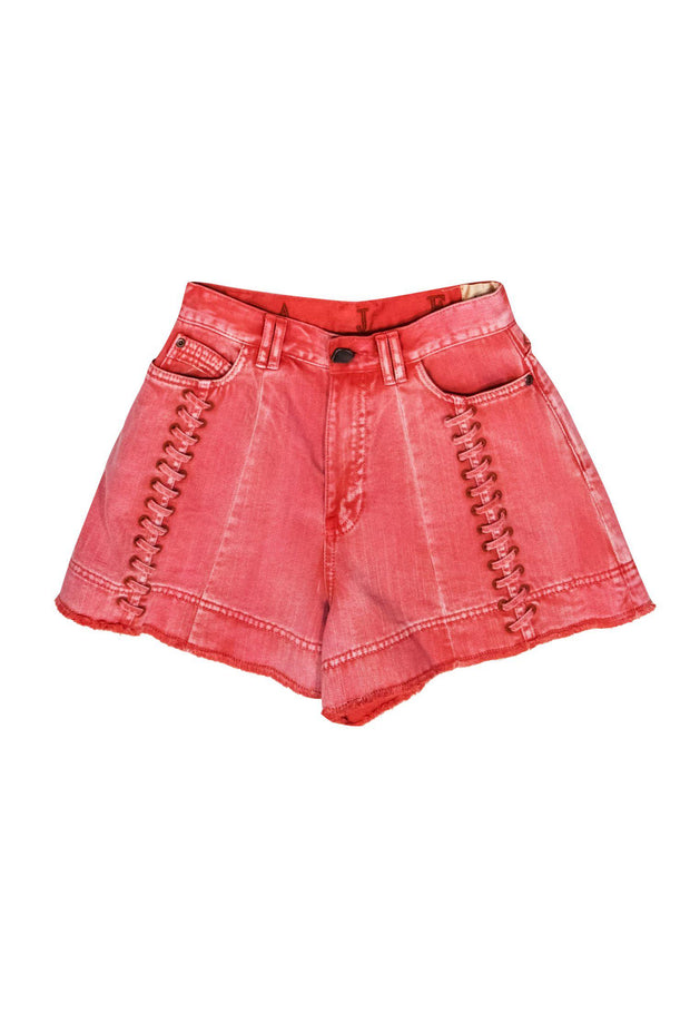 Current Boutique-Aje - Red Faded High-Waisted Denim "Framework" Shorts w/ Stitched Trim Sz 4