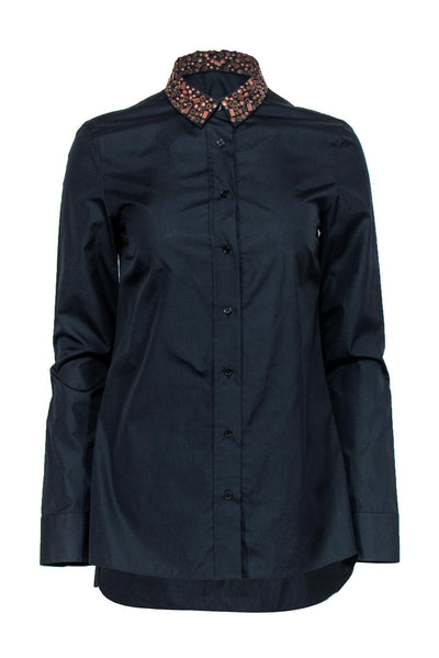 Current Boutique-Akris - Black Button Down Shirt w/ Embellished Copper Beaded Collar Sz 6