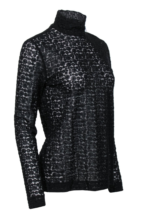 Current Boutique-Akris - Black Swirled Design Mesh Mock Neck Top Sz 12