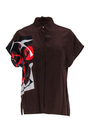 Current Boutique-Akris - Brown & Graphic Printed Mulberry Silk Blouse Sz 8