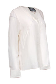 Current Boutique-Akris - Cream Long Sleeve Ribbed Snap Front Silk Blouse Sz 14