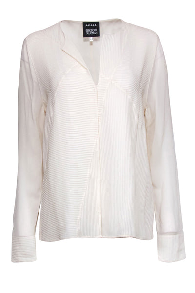 Current Boutique-Akris - Cream Long Sleeve Ribbed Snap Front Silk Blouse Sz 14