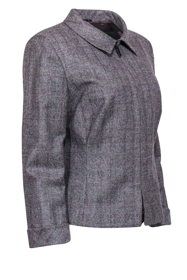 Current Boutique-Akris - Grey, Black & Purple Glen Plaid Zip-Up Jacket Sz 12