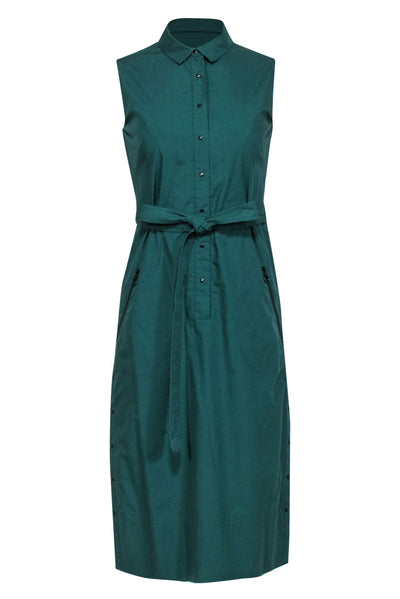 Current Boutique-Akris - Hunter Green Sleeveless Snap Front Shirtdress w/ Belt Sz 4
