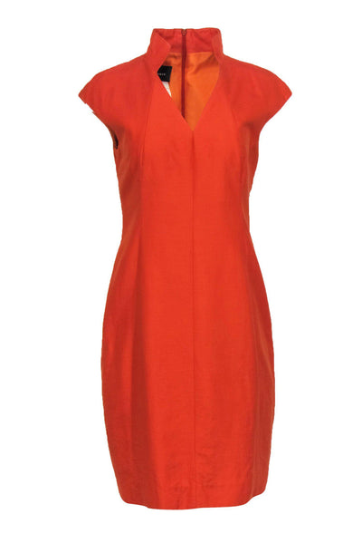 Current Boutique-Akris - Orange Cotton Blend Notch Neck Sheath Dress Sz 8