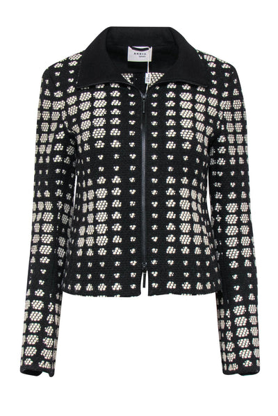 Current Boutique-Akris Punto - Black & Cream Dotted Woven Zip-Up Wool Jacket Sz 6
