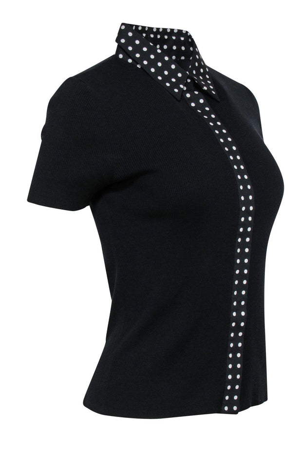Current Boutique-Akris Punto - Black Short Sleeve Button-Up Top w/ Polka Dot Trim Sz 12