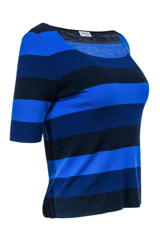 Current Boutique-Akris Punto - Blue, Navy & Black Striped Short Sleeve Wool Sweater Sz 12
