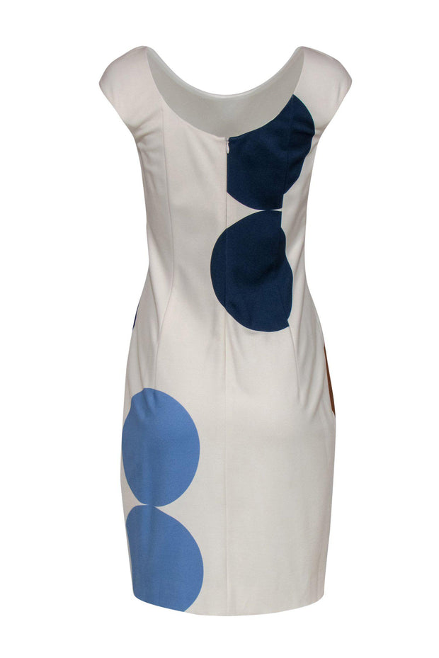 Current Boutique-Akris Punto - Cream, Blue & Tan Circle Print Sleeveless Dress Sz S