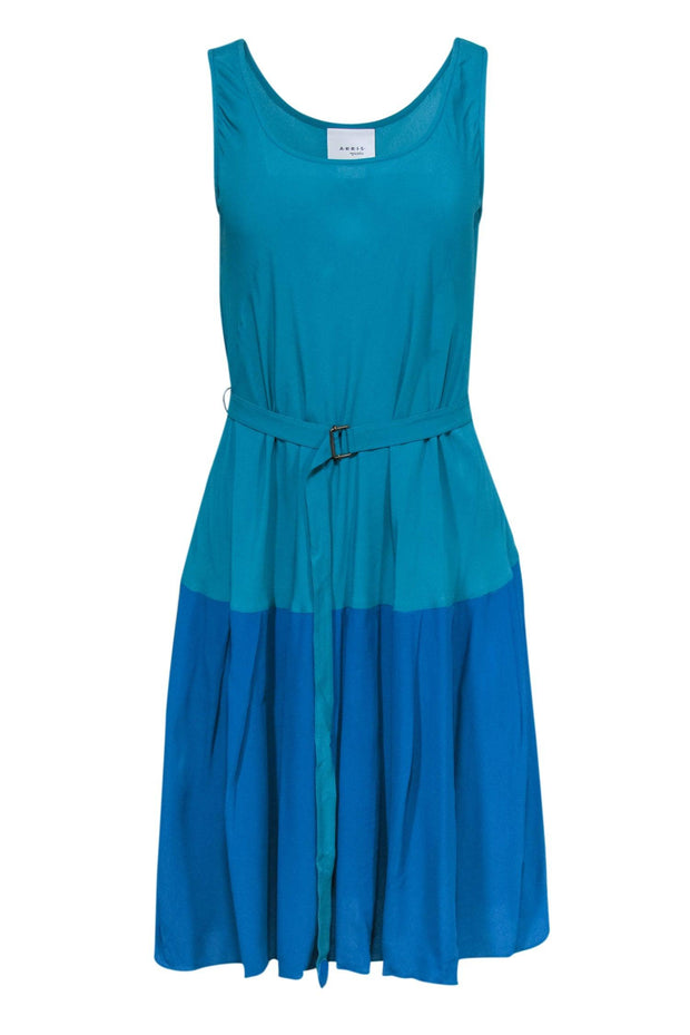 Current Boutique-Akris Punto - Teal & Blue Colorblock Silk Blend A-Line Dress w/ Belt Sz 8