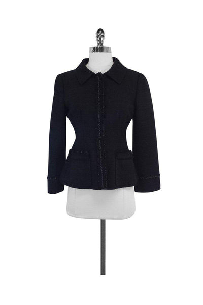 Current Boutique-Alberta Ferretti - Black Tweed & Leather Trim Jacket Sz 6