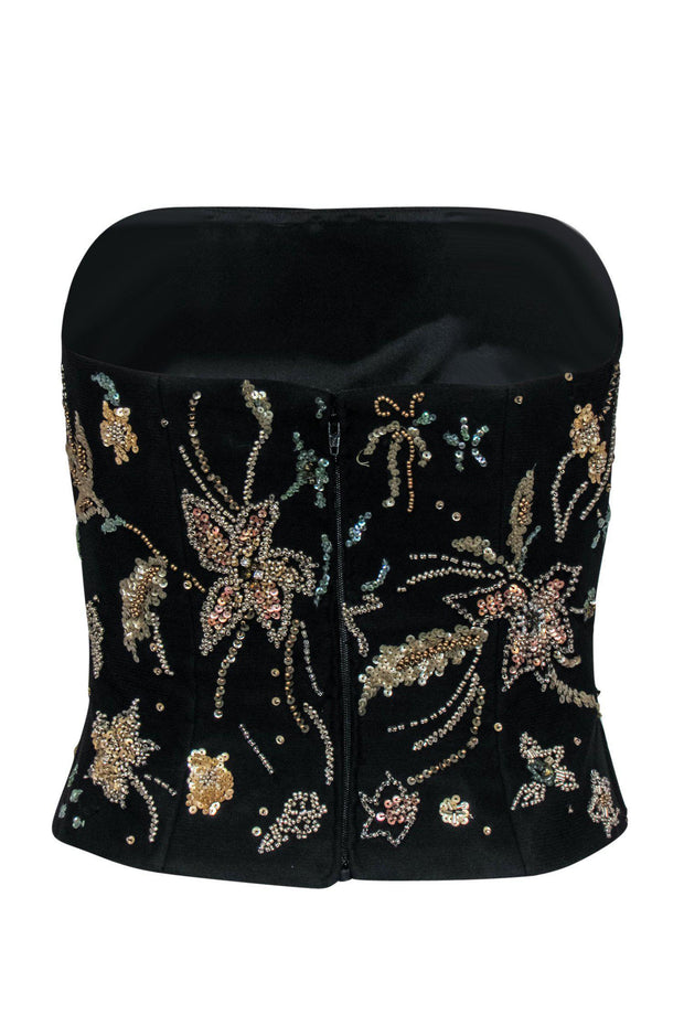 Current Boutique-Alberto Makali - Black Floral Sequin & Beaded Bustier-Style Strapless Top Sz 2