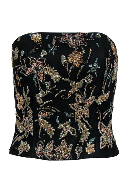 Current Boutique-Alberto Makali - Black Floral Sequin & Beaded Bustier-Style Strapless Top Sz 2