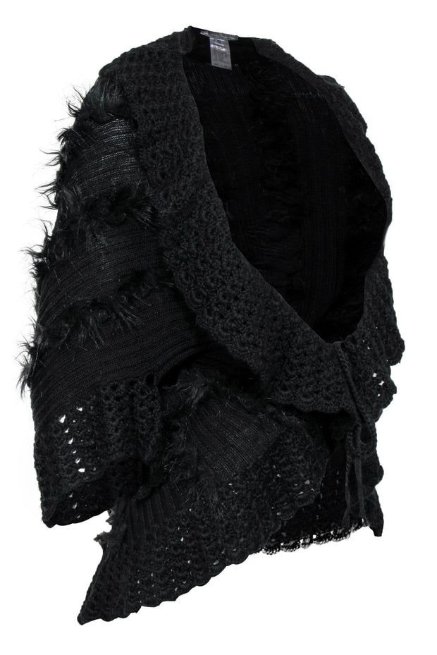 Current Boutique-Alberto Makali - Black Knit Tied Short Sleeve Cardigan w/ Eyelet & Faux Fur Trim Sz S