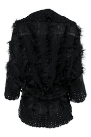 Current Boutique-Alberto Makali - Black Knit Tied Short Sleeve Cardigan w/ Eyelet & Faux Fur Trim Sz S