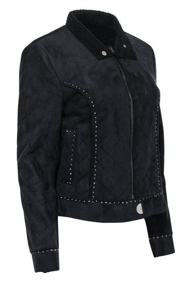 Current Boutique-Alberto Makali - Black Quilted Faux Suede Zip-Up Jacket w/ Studded Trim Sz M
