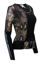 Current Boutique-Alberto Makali - Black Ruched Snakeskin Print Jeweled Long Sleeve Top Sz L