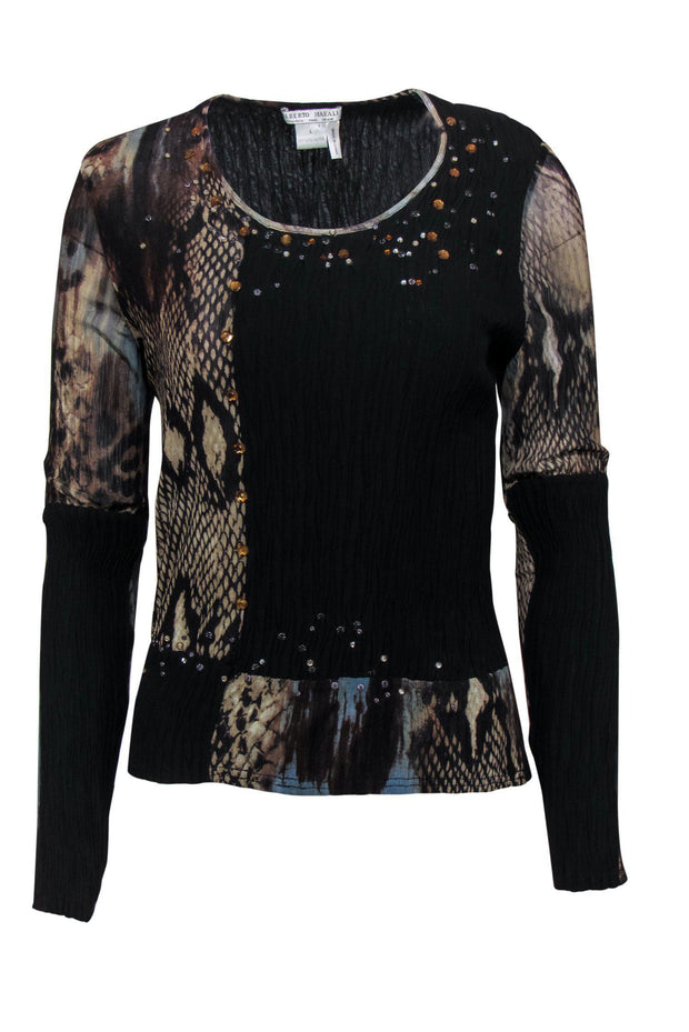 Current Boutique-Alberto Makali - Black Ruched Snakeskin Print Jeweled Long Sleeve Top Sz L