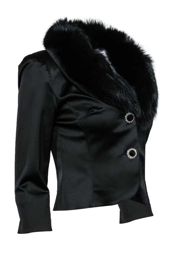 Current Boutique-Alberto Makali - Black Satin Double-Button Blazer w/ Fur Collar Sz 2