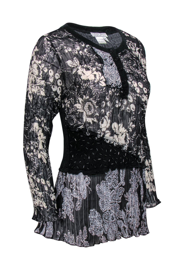 Current Boutique-Alberto Makali - Black & White Pleated Floral Top w/ Beading Sz M