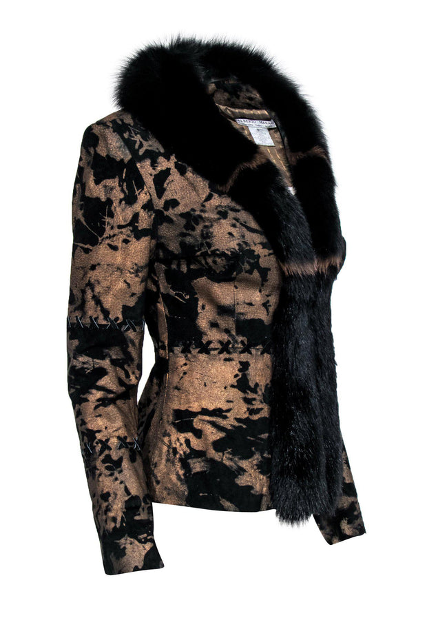 Current Boutique-Alberto Makali - Brown & Black Printed Suede & Leather Jacket w/ Fur Trim Sz S
