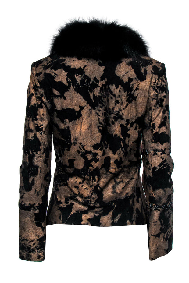 Current Boutique-Alberto Makali - Brown & Black Printed Suede & Leather Jacket w/ Fur Trim Sz S